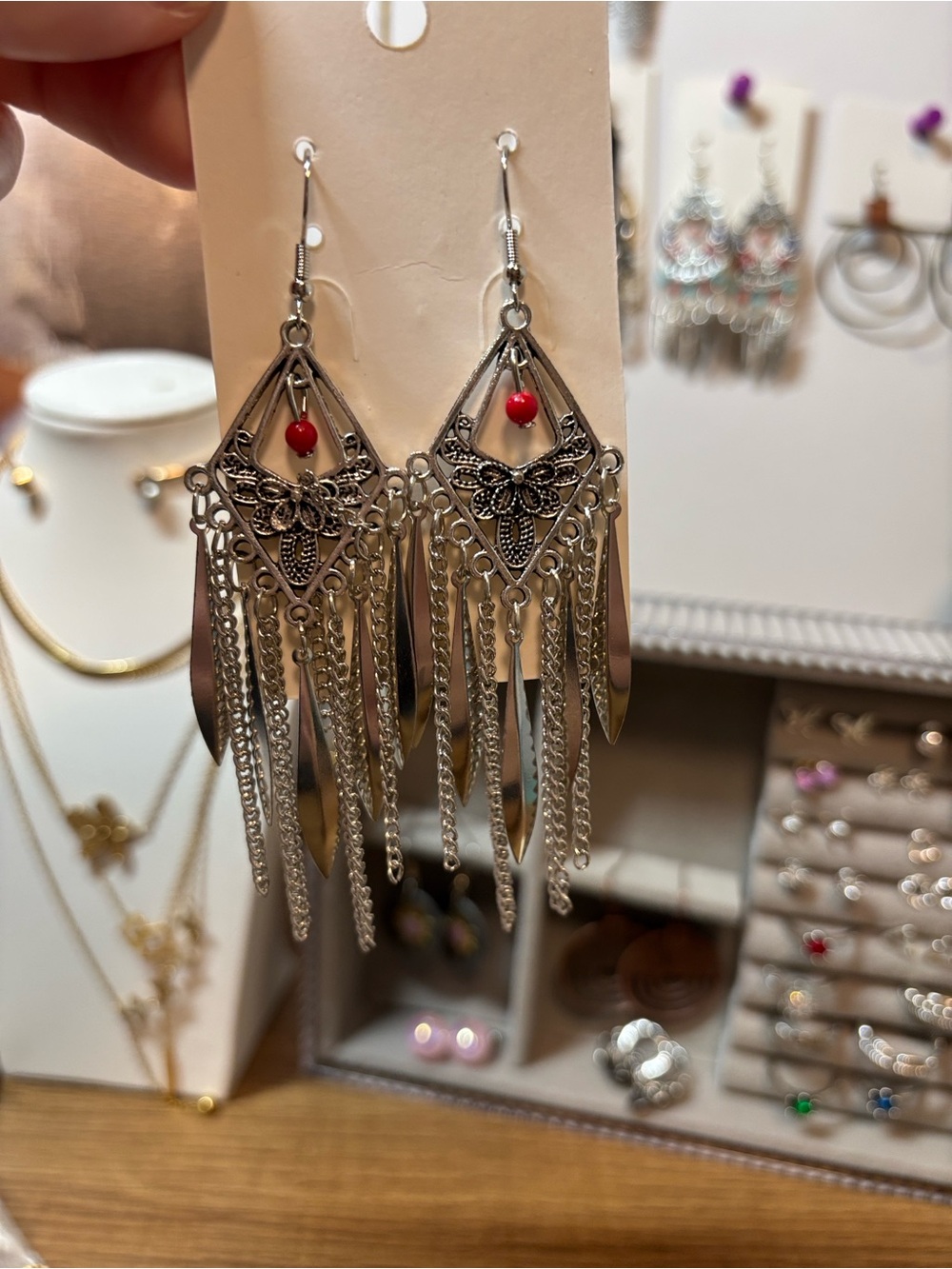 Boho Silver Fringe Drop Earrings with Red Accent